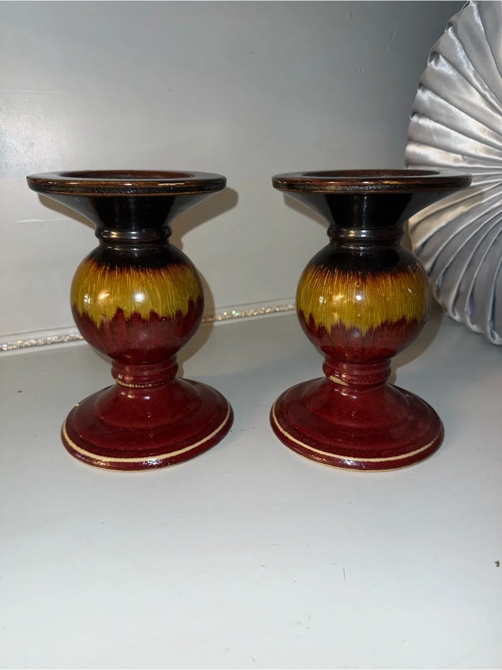 Pier 1 imports 2 candle holders stand ceramic glass brown red